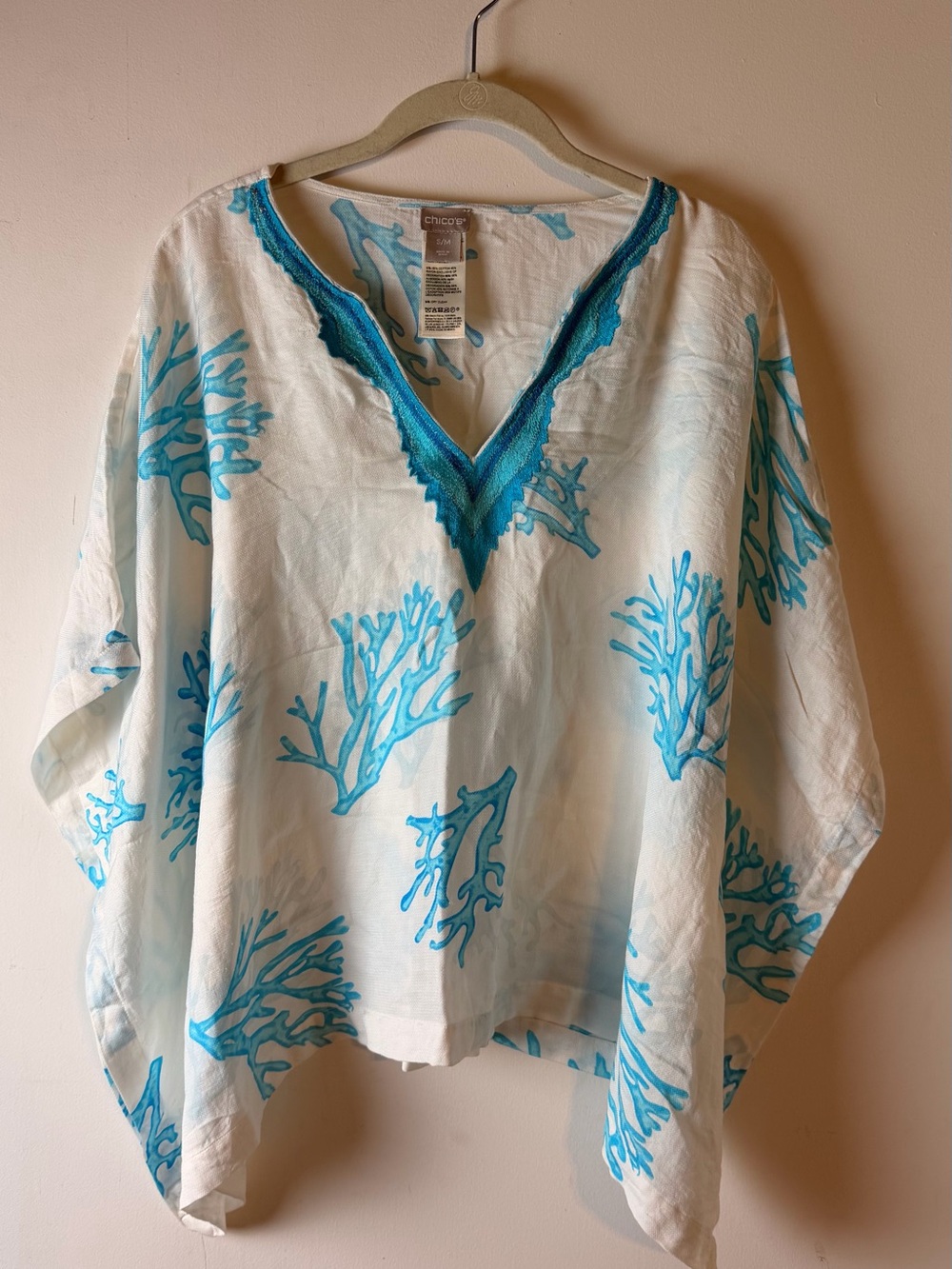 Chico's Embroidered Tunic with Turquoise Coral Print - Size S/M